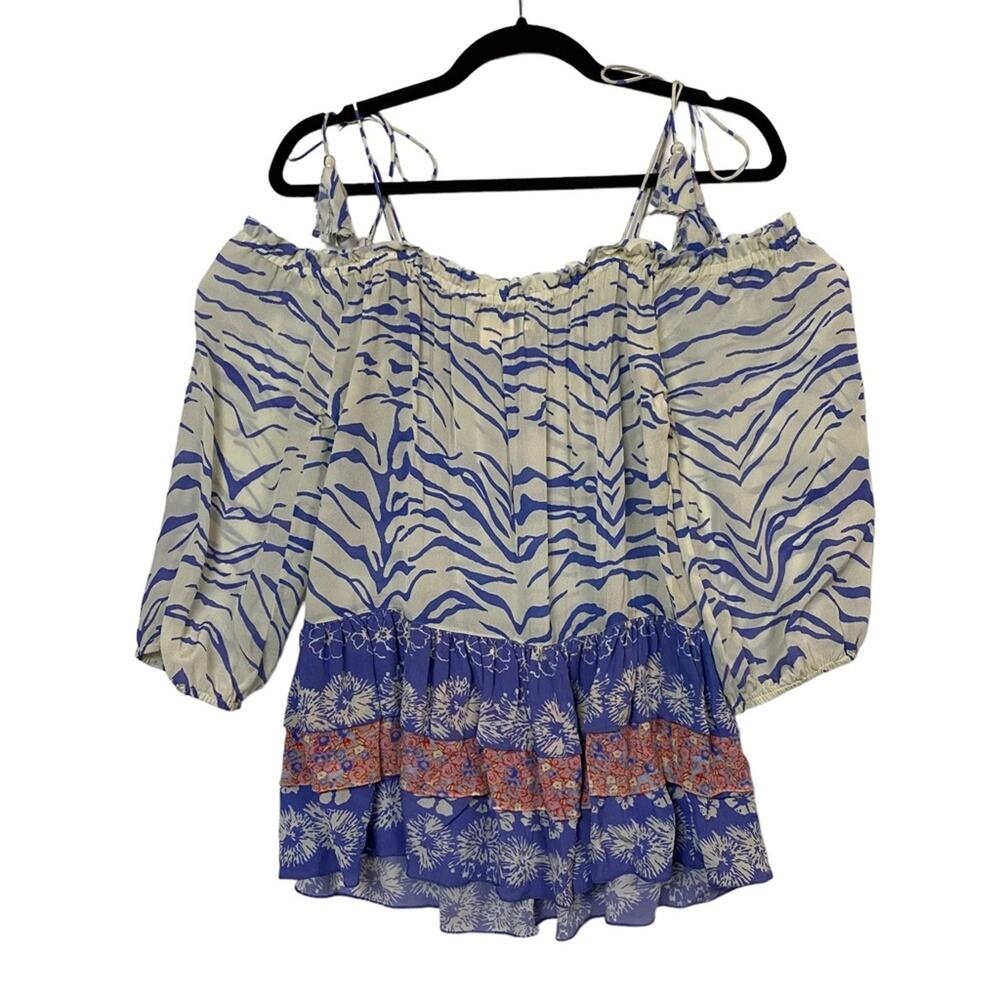 Pepin Blue Floral Ruffled Off Shoulder Top Size Small - Picture 3 of 7